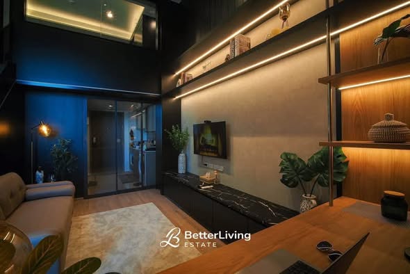 living room and bedroom of IDEO Rama9 – Asoke