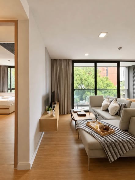 bedroom and living room of Mona Suite Service Apartment – Sukhumvit31