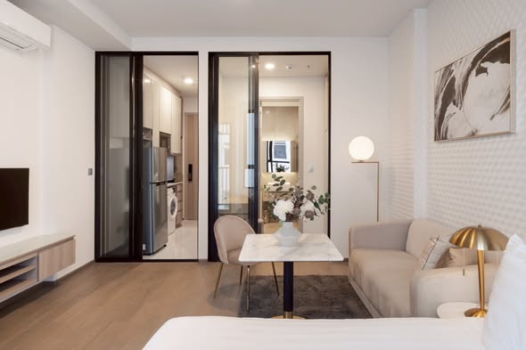 living room and bedroom of Park​ Origin​ Phaya Thai