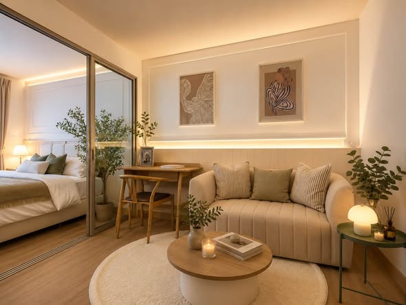 bedroom and living room of Studio One Condo