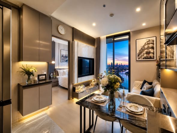 living room and bedroom of THE EXTRO Phayathai-Rangnam