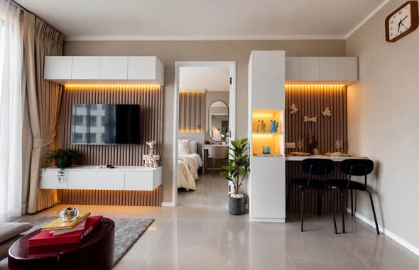 living room and bedroom of Lumpini Ville Naklua – Wong Amat.