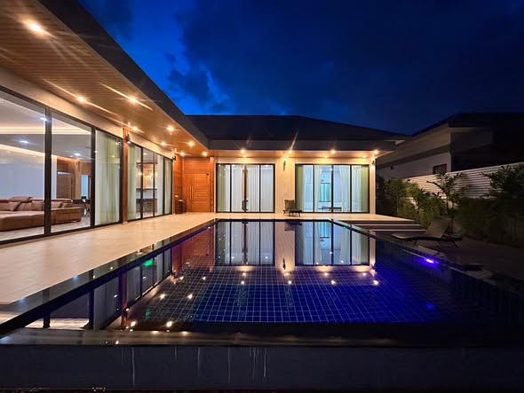 pool and room interior of Moon 5-Bedroom Luxury Pool Villa