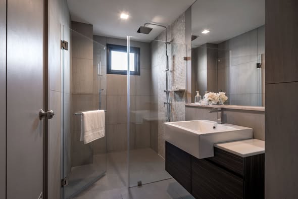 room interior and bathroom of The Politan Rive